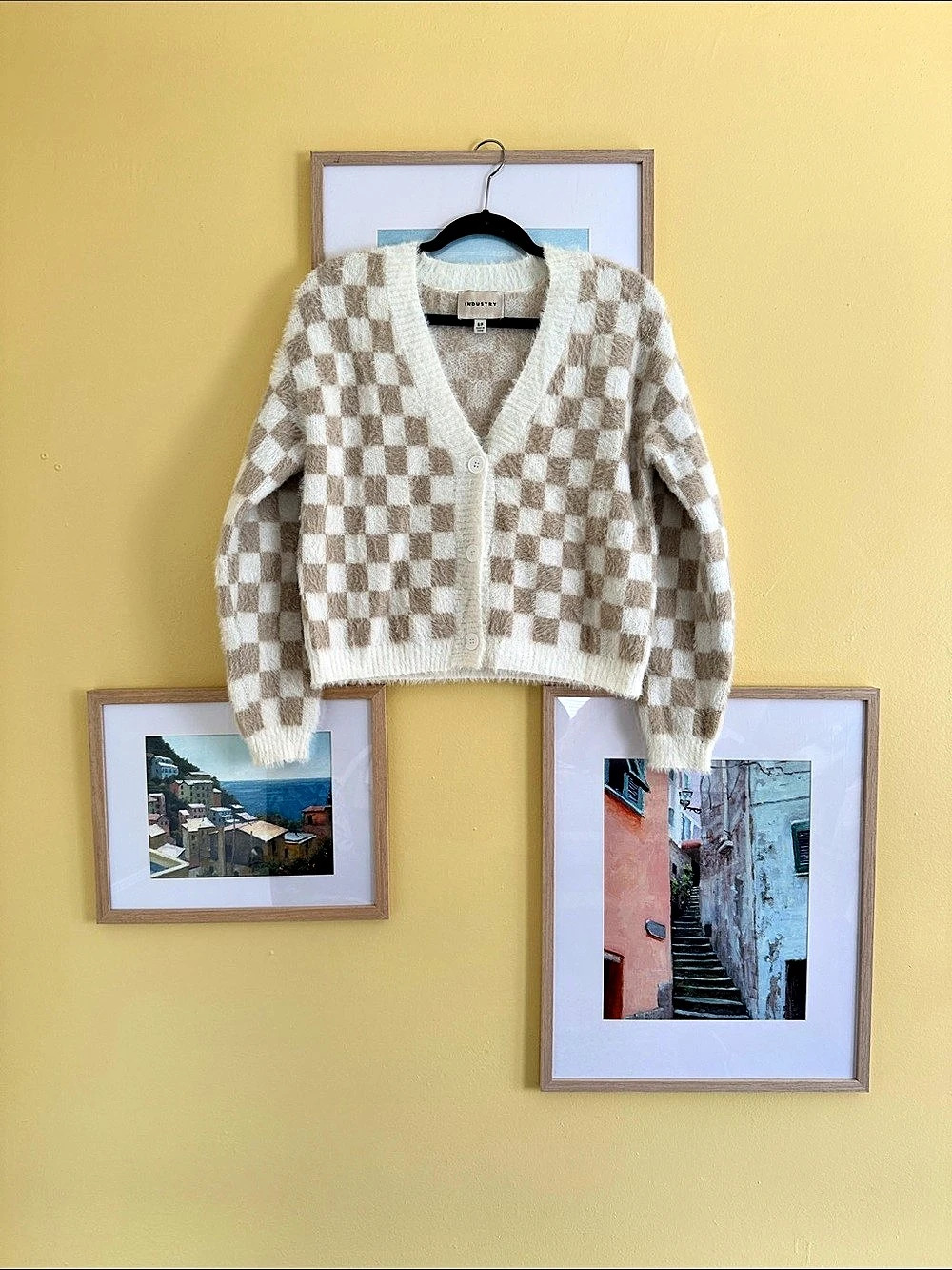 Industry Republic Clothing Fuzzy Checkered Cardigan Cream Beige S/P